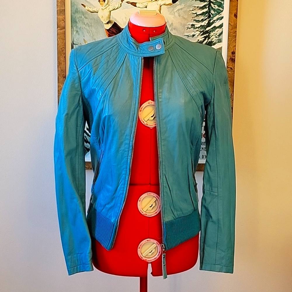 Leather Turquoise Bomber Jacket
